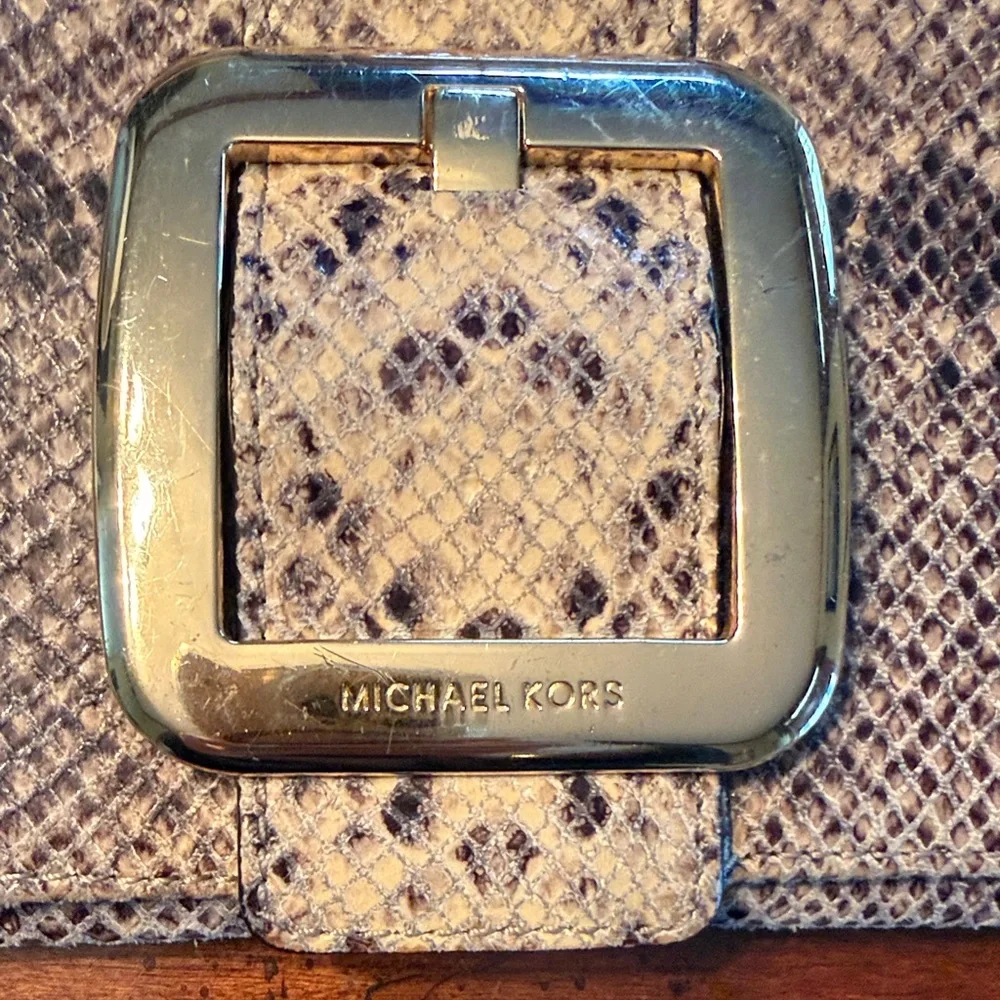 Michael Kors Snakeskin-Print Clutch in Beige and Black with Gold Buckle